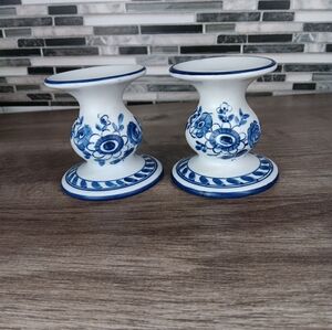 Rorstrand Sverige Blue & White Floral Stonewear Polish Candle Holders Set
